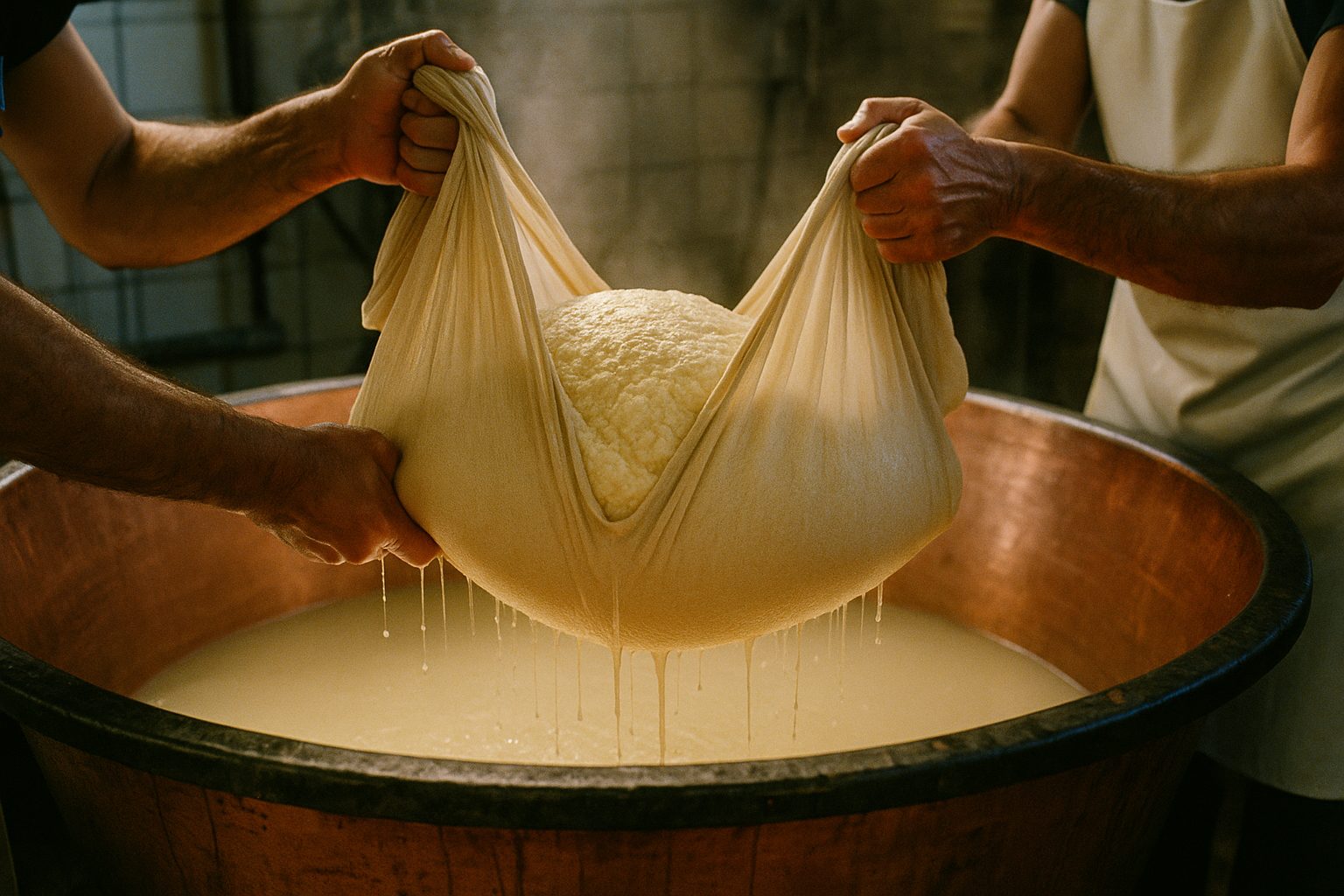 Lifting Grana Padano curd from the copper cauldron in muslin
