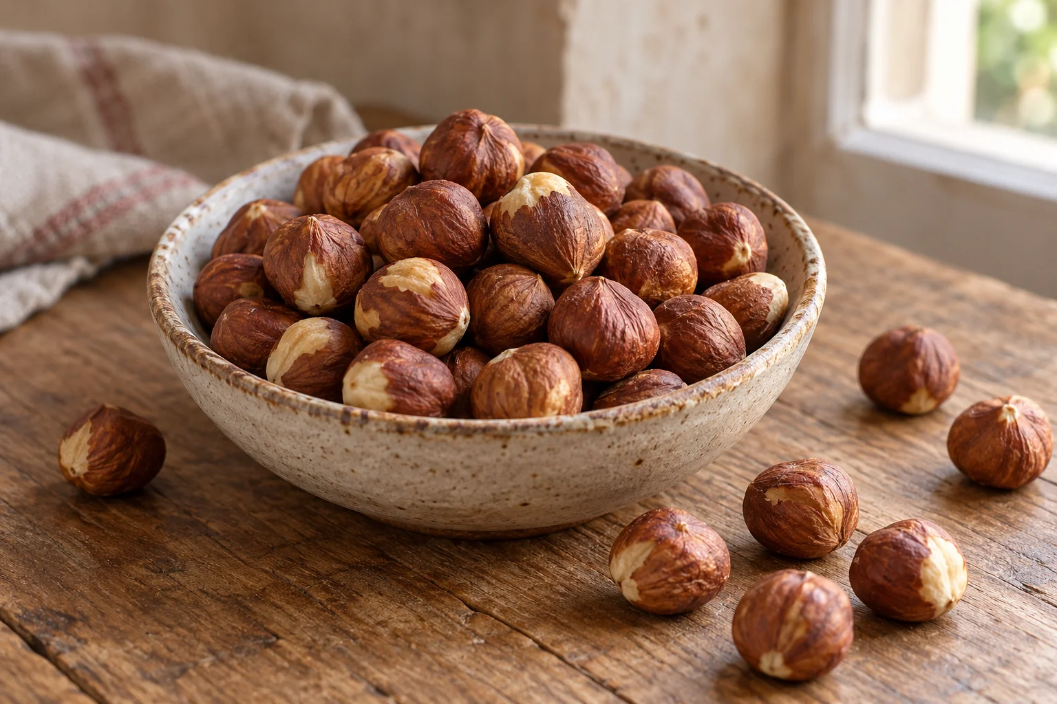 Nocciole sgusciate al naturale in una ciotola di ceramica.