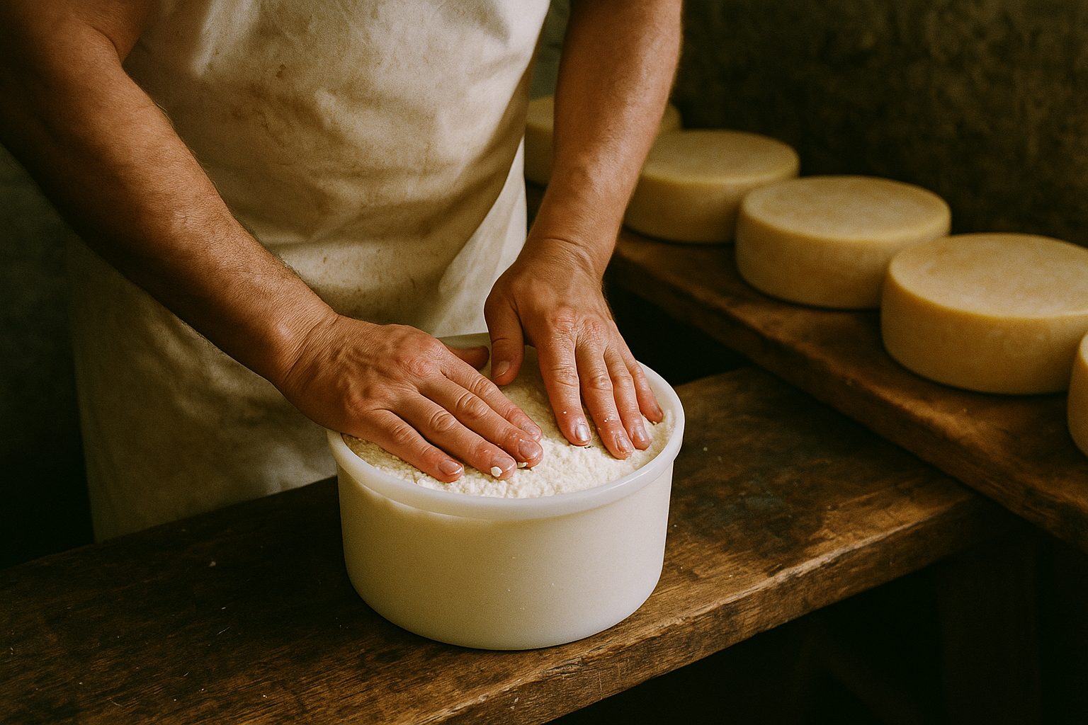 Pressing Montasio curd into molds at a Friuli dairy