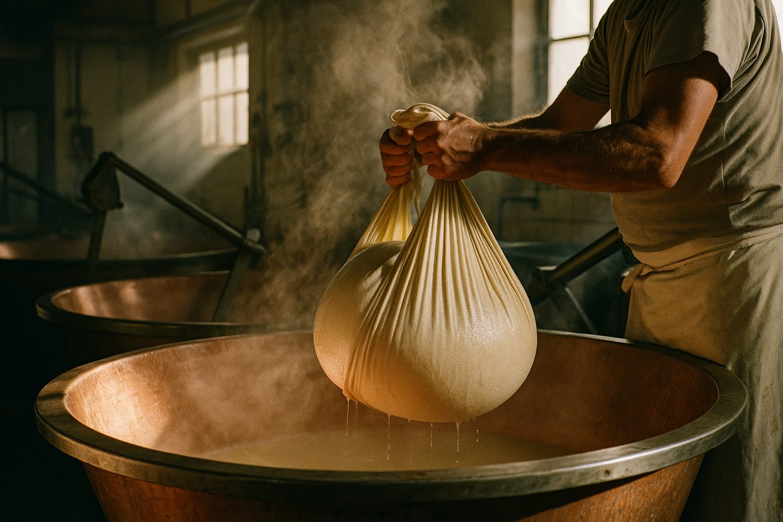 Hauling Parmigiano curd from the copper cauldron in muslin at dawn