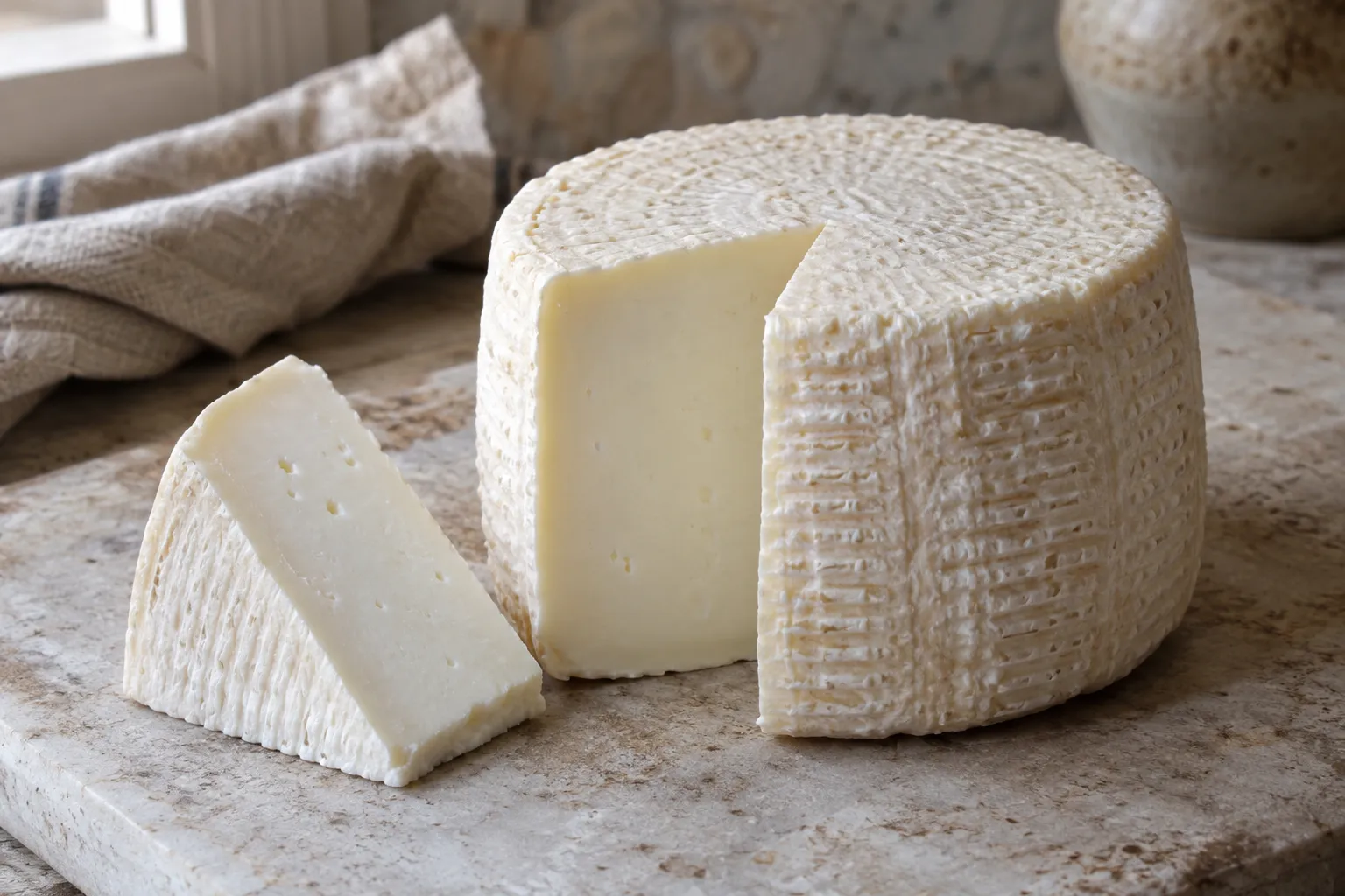 Fresh Pecorino Crotonese with a cut wedge showing its milky-white paste.