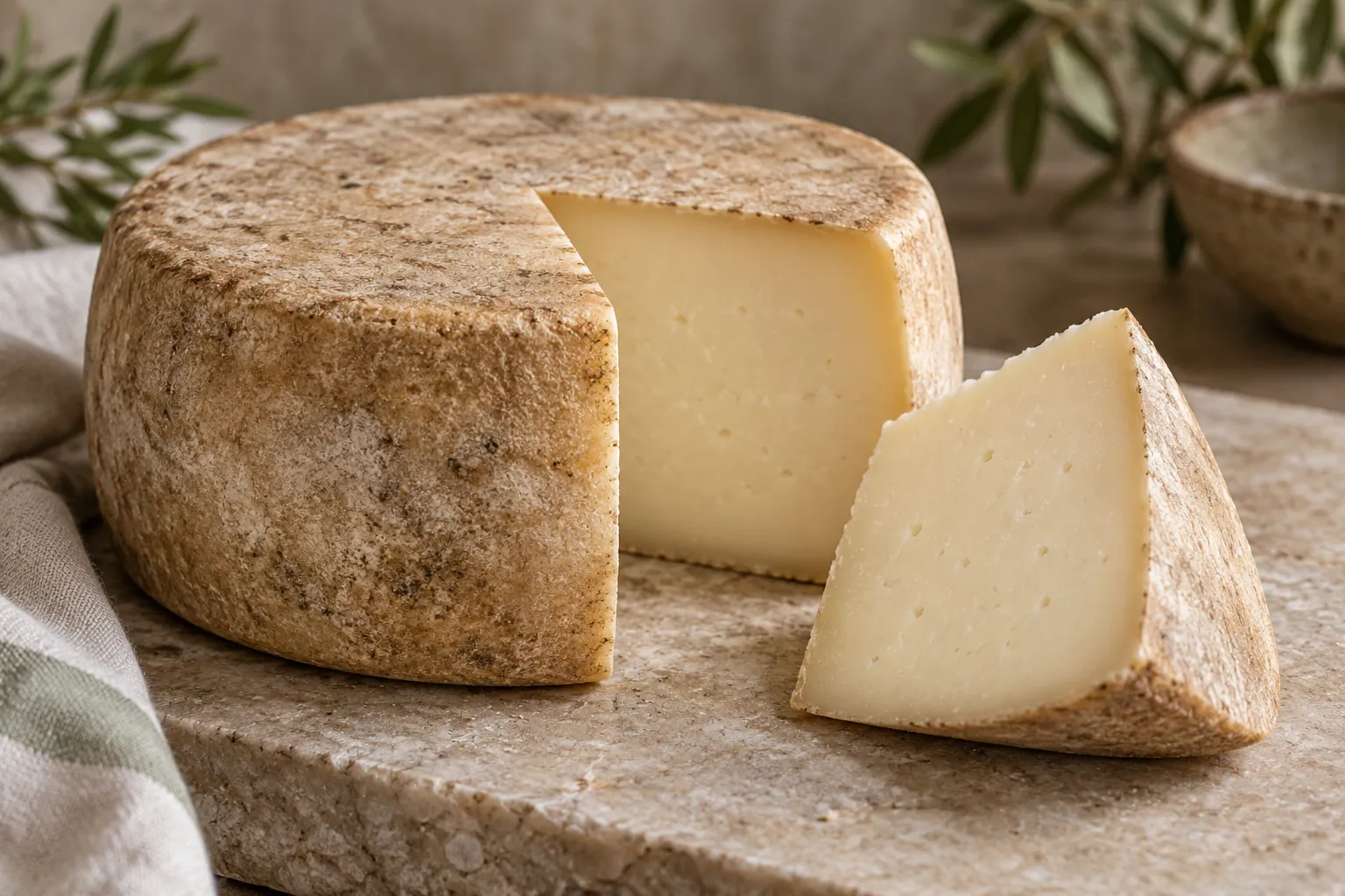 Plain pecorino with a natural rind and ivory cut paste.