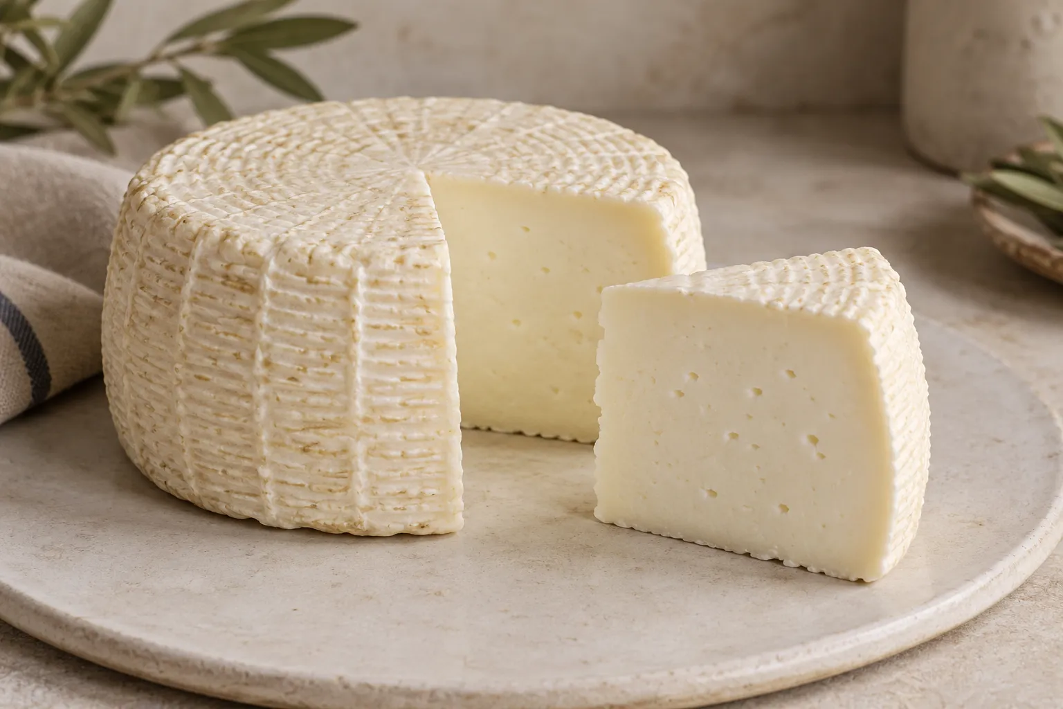Fresh pecorino with basket-marked pale rind and milk-white paste with a few small eyes.
