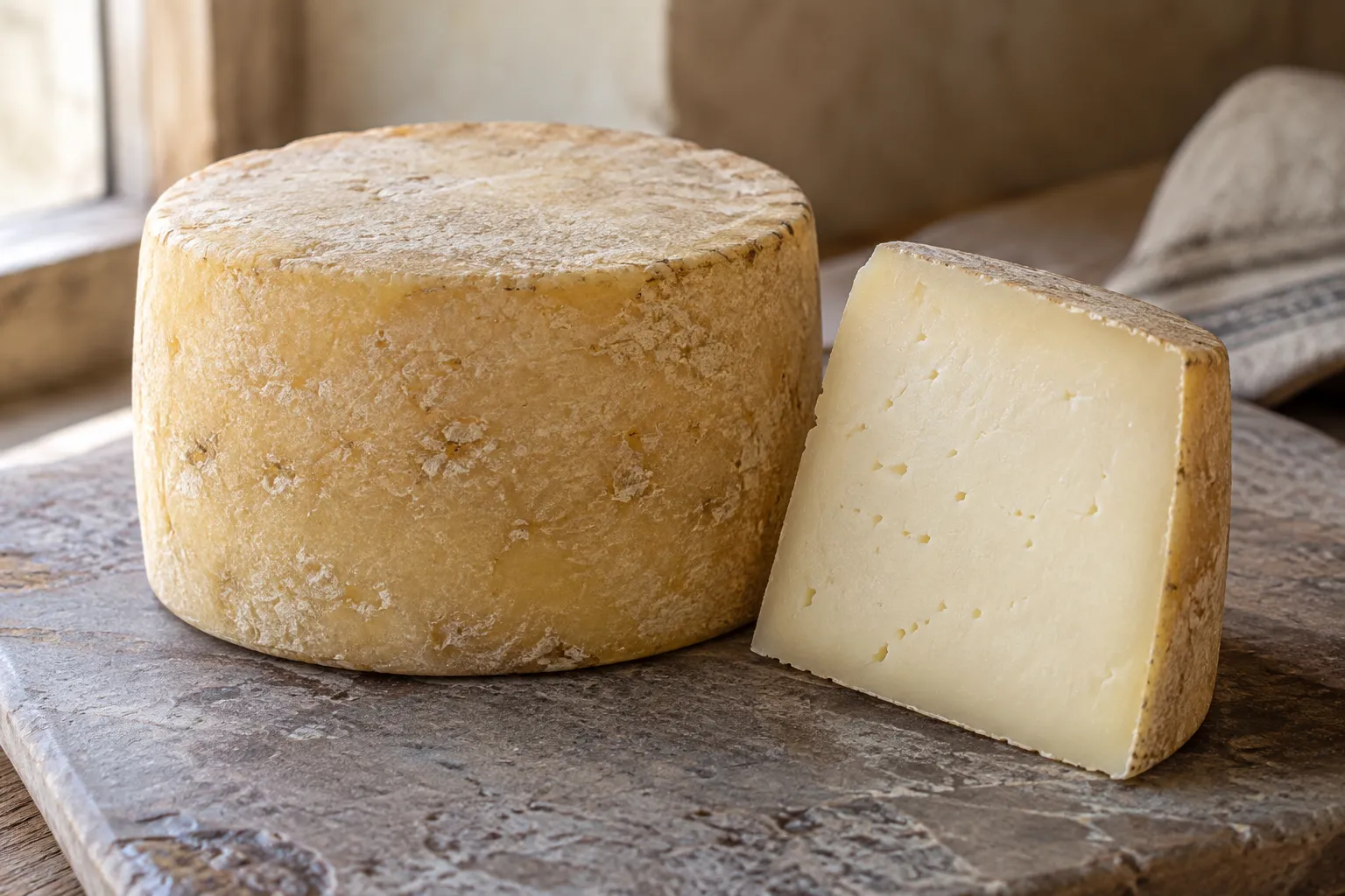 Pecorino di Norcia with a wedge showing its compact pale paste.