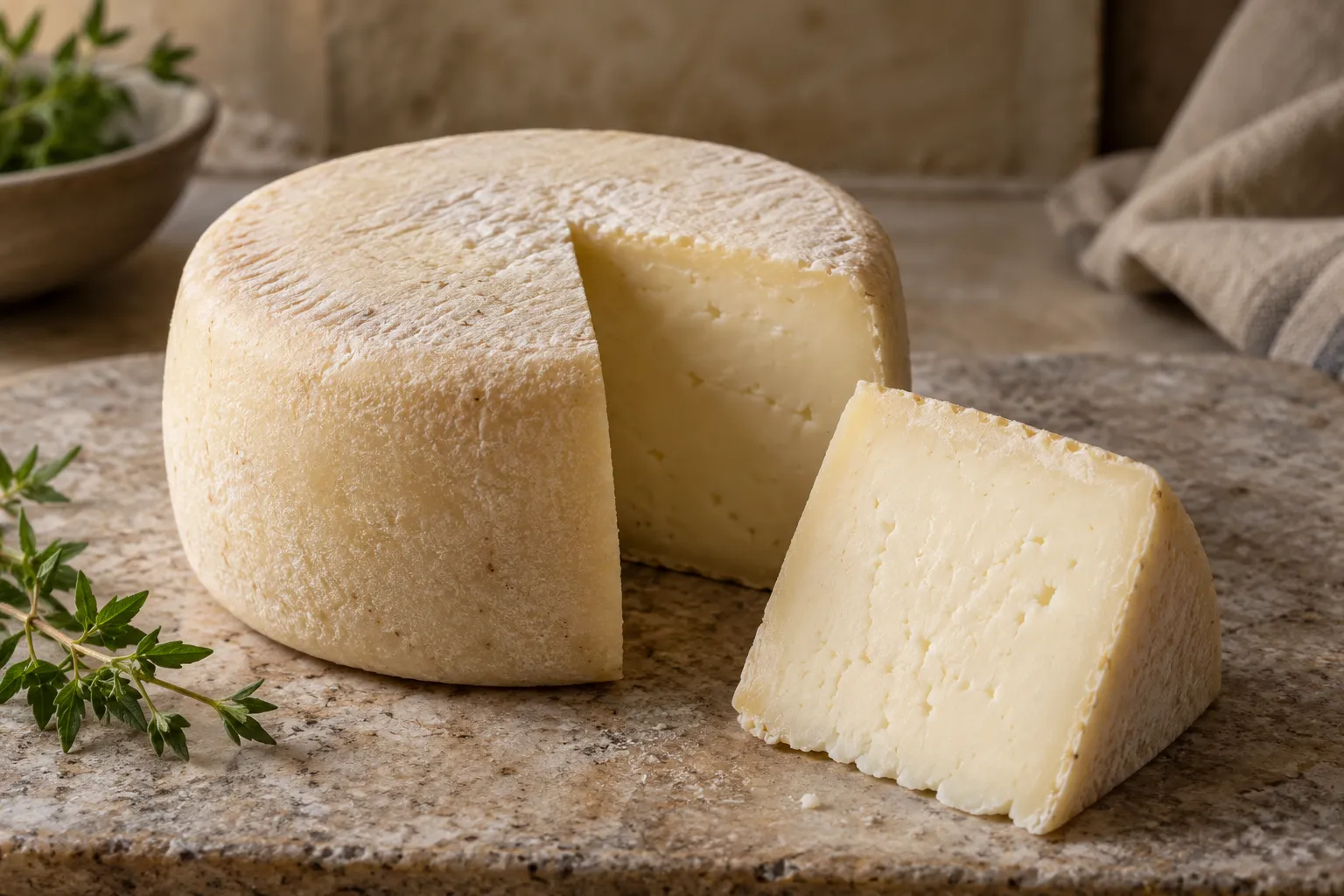 Fresh Pienza pecorino with a tender pale cut surface.