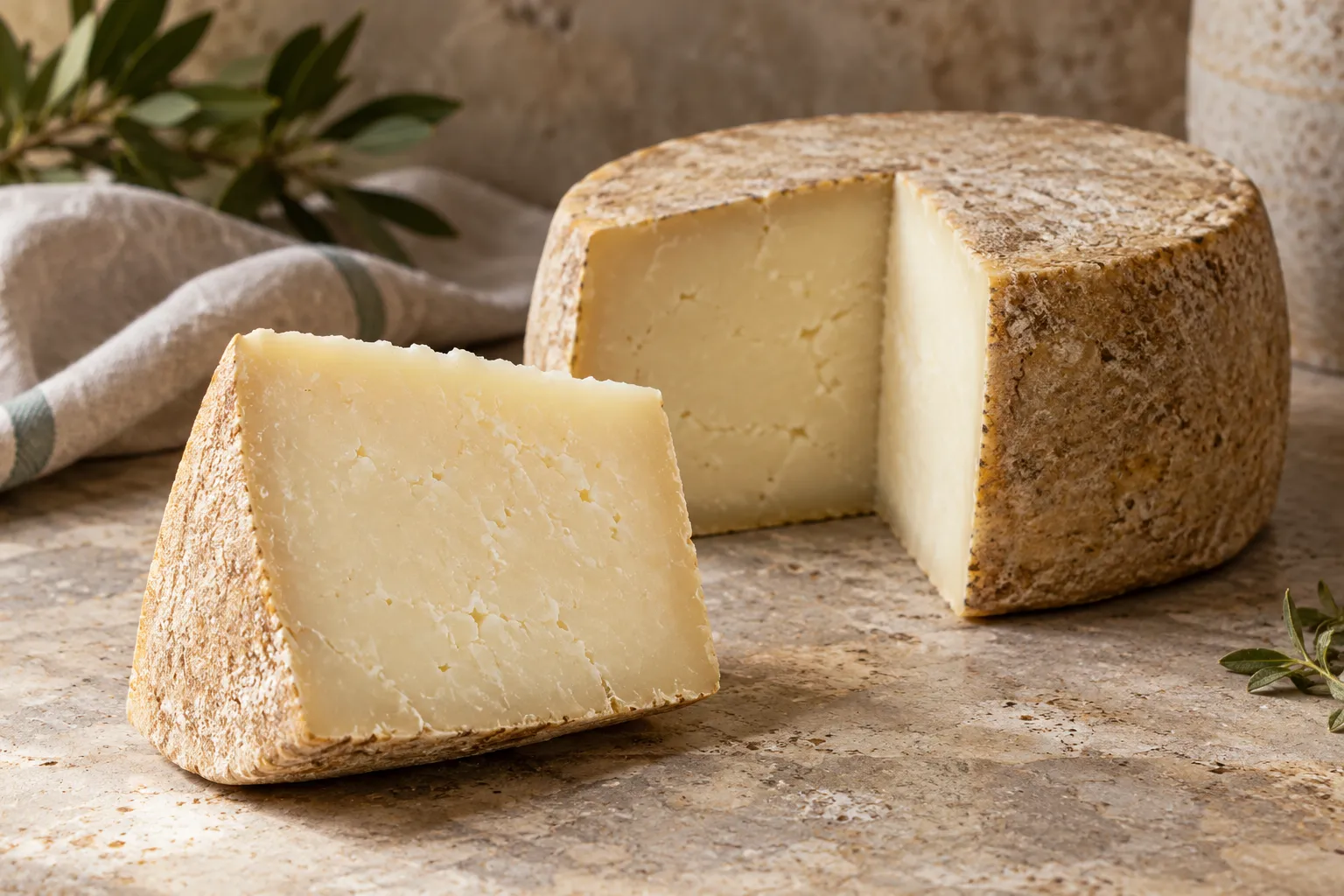 Firm pecorino with a natural rind and a pale cut wedge.