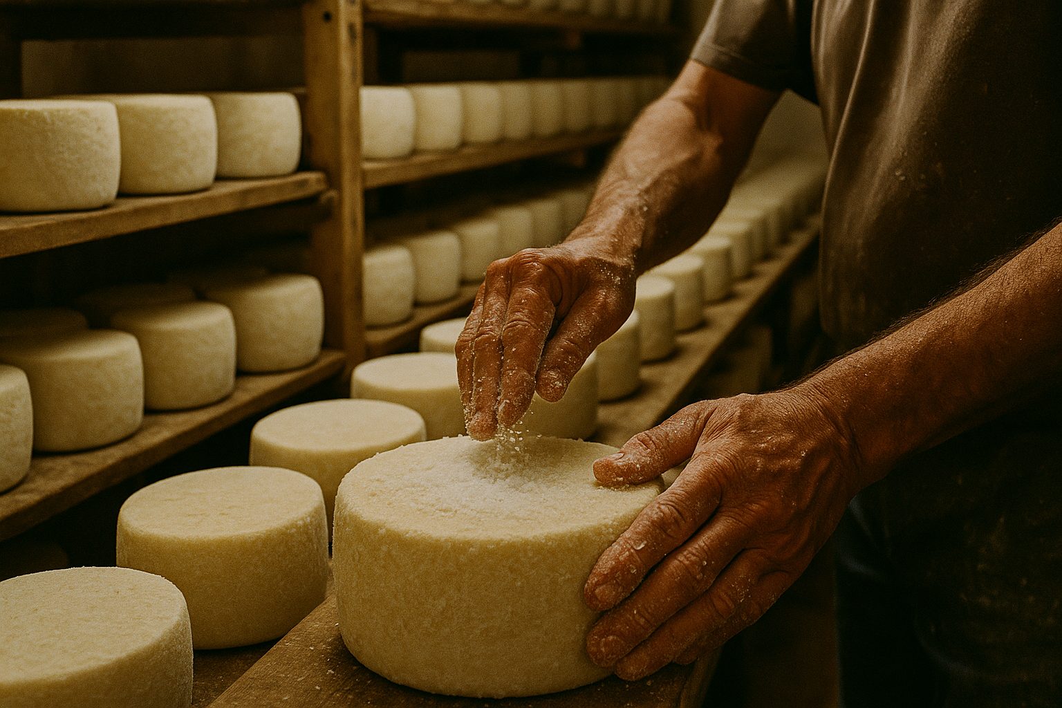 Hand-salting Pecorino Romano wheels in the salting room