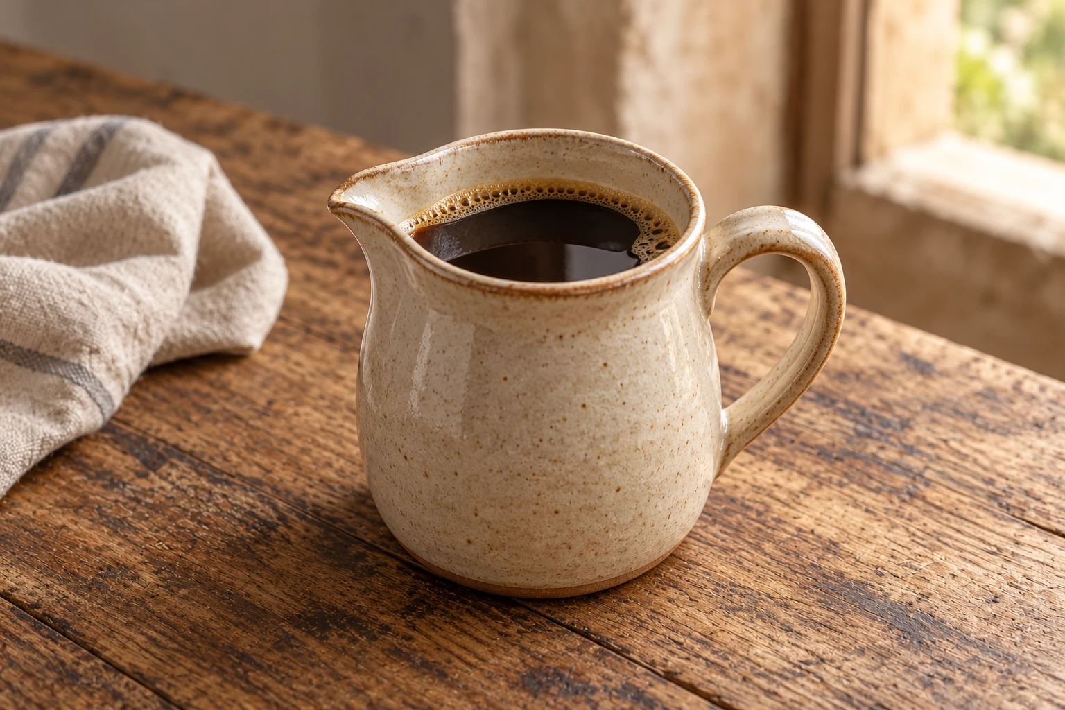 Caffè lungo preparato in una piccola brocca di ceramica