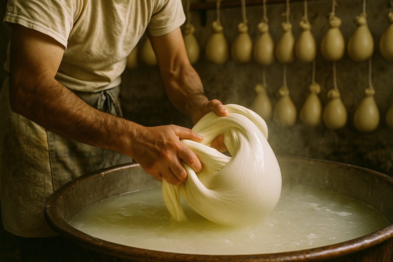 Stretching hot provolone curd into shape, corded forms hanging behind