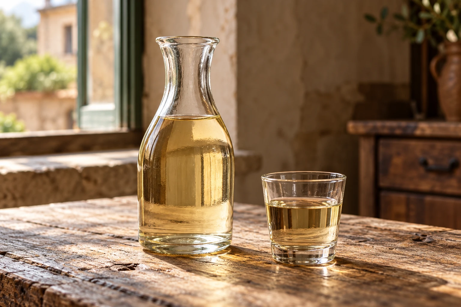 Pale rum in a plain carafe and small glass