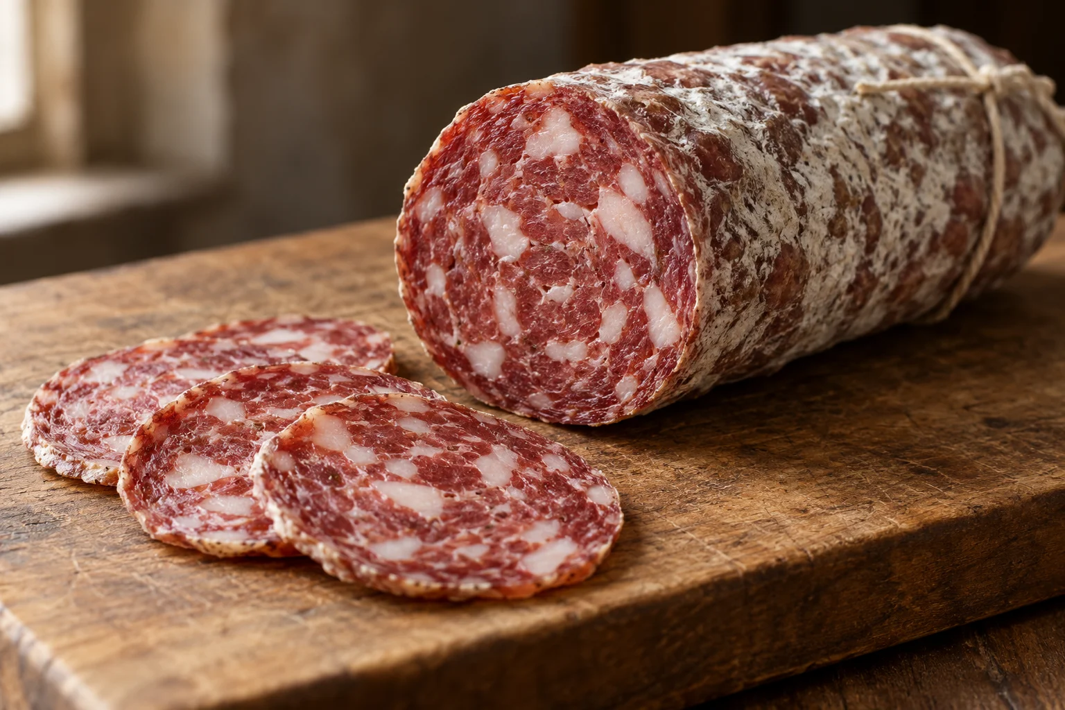 A cut Salame Napoli and thin slices showing coarse meat and ivory fat.