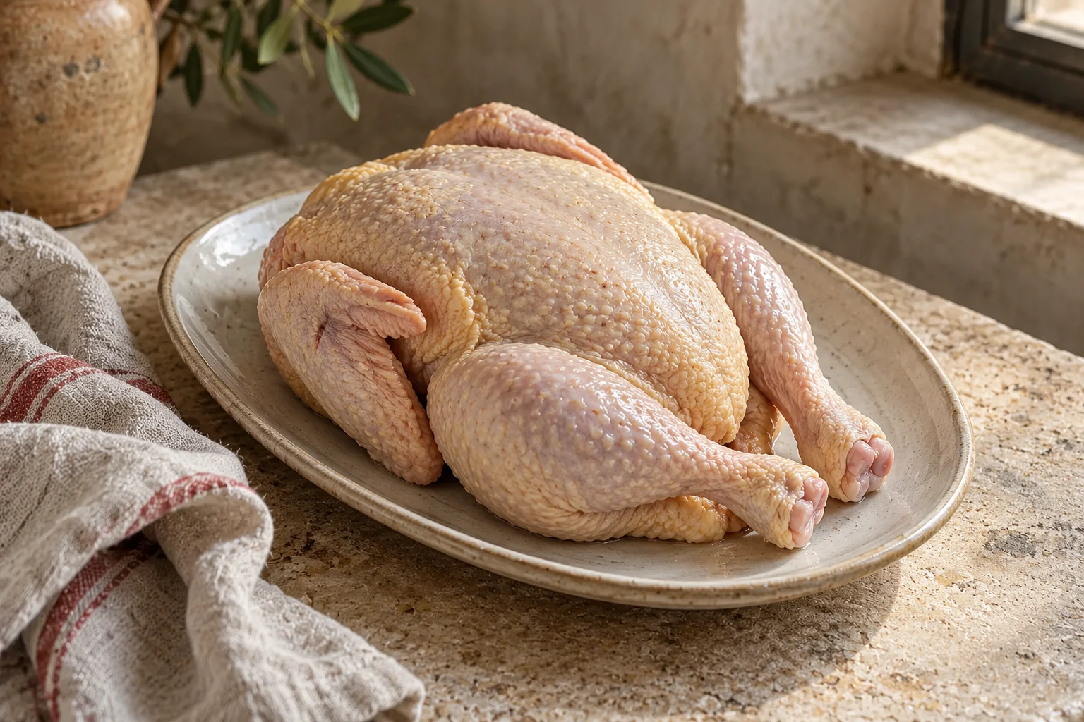 Una gallina da brodo intera, pulita e con pelle, pronta per la pentola.