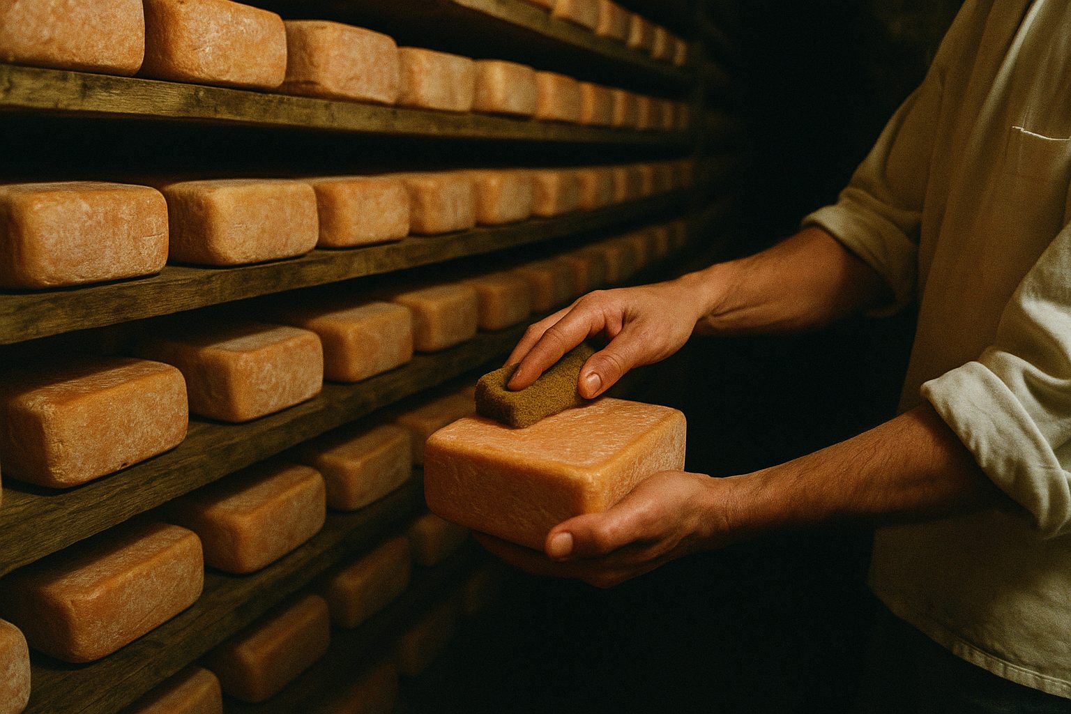 Sponging brine over Taleggio rinds on the aging shelves
