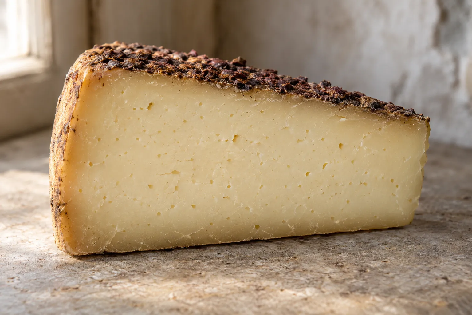 A cut portion of cheese refined with Prosecco.
