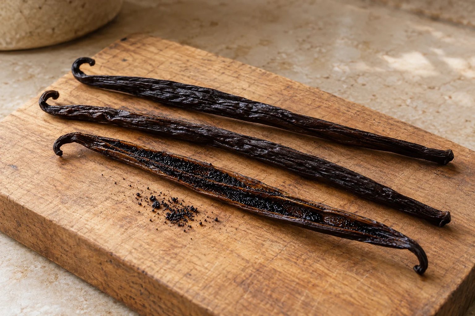 Whole vanilla beans and their tiny dark seeds.