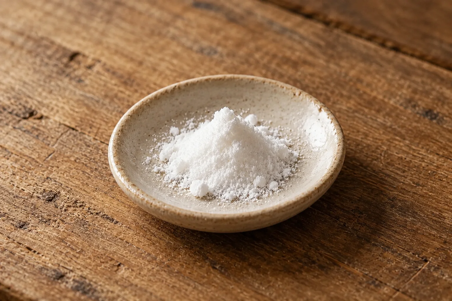Fine white vanillin powder in a small ceramic pinch dish.