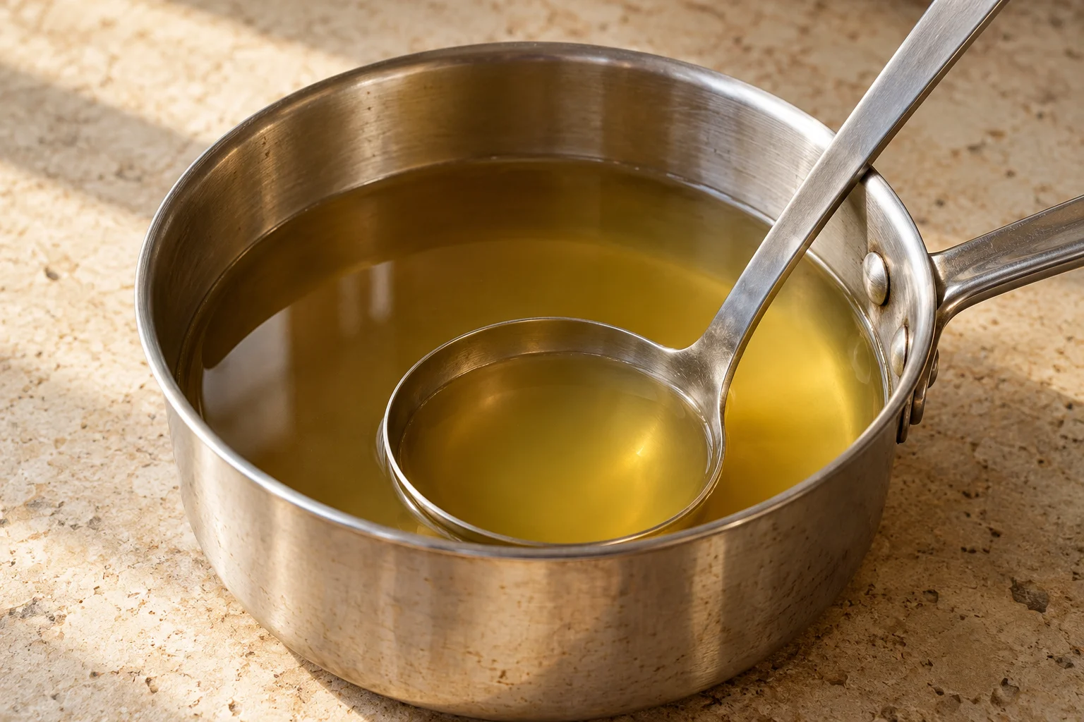 Brodo vegetale limpido e dorato in un pentolino con un mestolo.