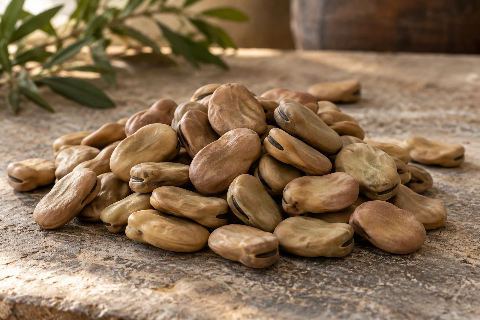 Whole dried fava beans with their skins.