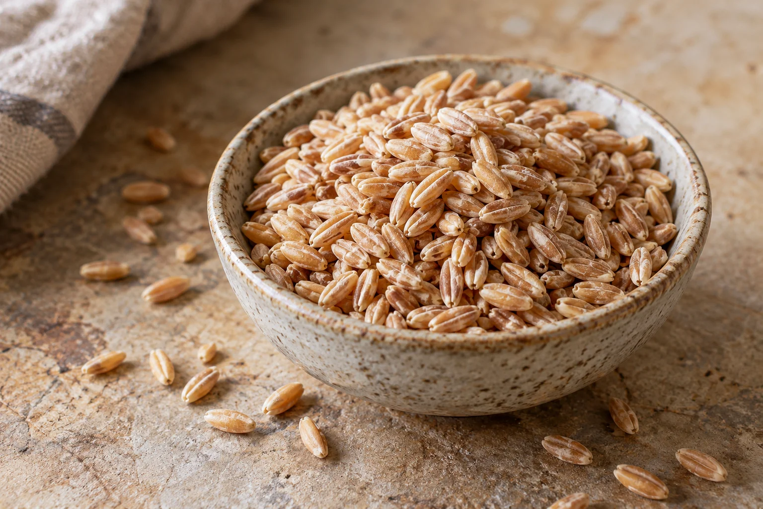 Chicchi di farro integrale prima della cottura.