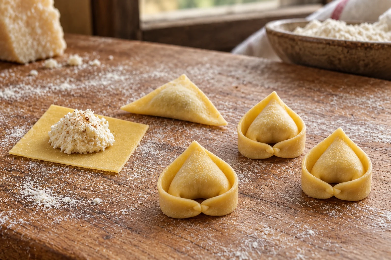 Raw cappelletti beside a filled pasta square and a sealed triangle on a floured board.