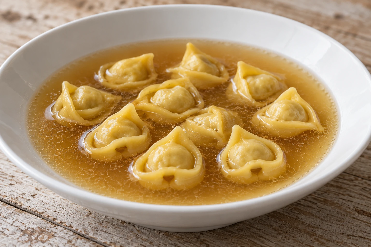 Small folded egg-pasta cappelletti in clear amber broth.