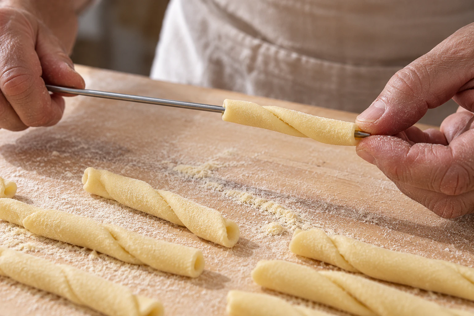 Hands shaping a hollow piece of raw fileja around a thin rod.