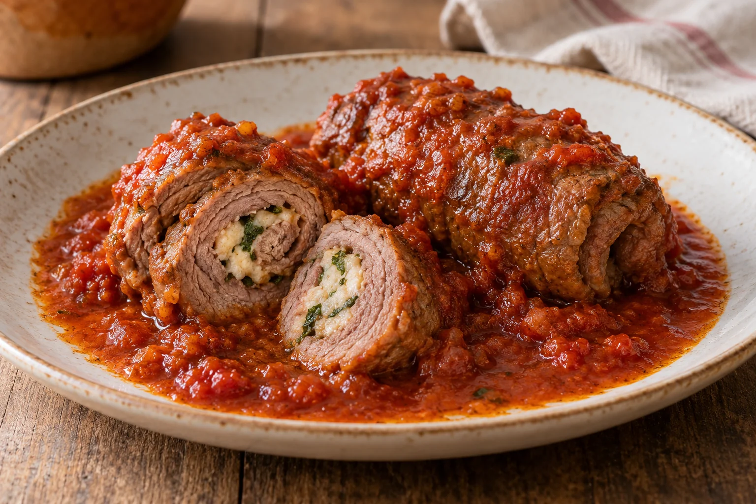 Veal brasciole with pecorino filling in a thick tomato ragù