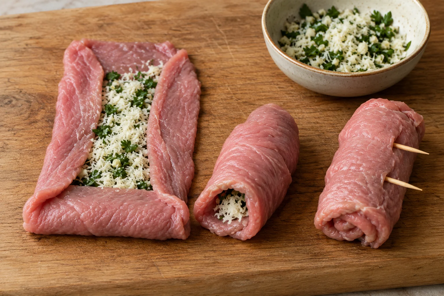 Raw veal slices folded and rolled around pecorino, garlic and parsley