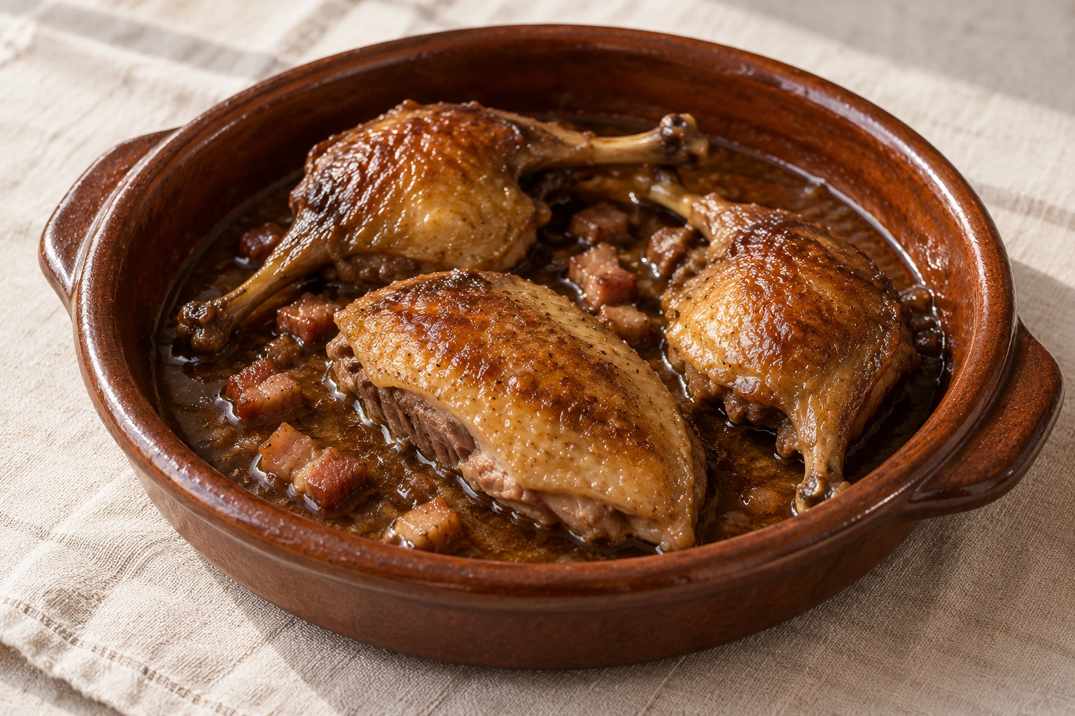 Browned pigeon portions in wine cooking juices with diced pancetta.