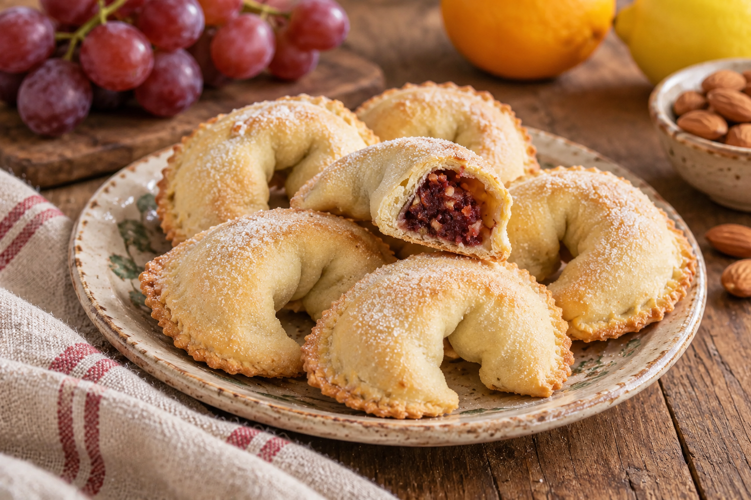 Curved Piccillati pastries with fork-pressed seams and grape filling in a cut piece.
