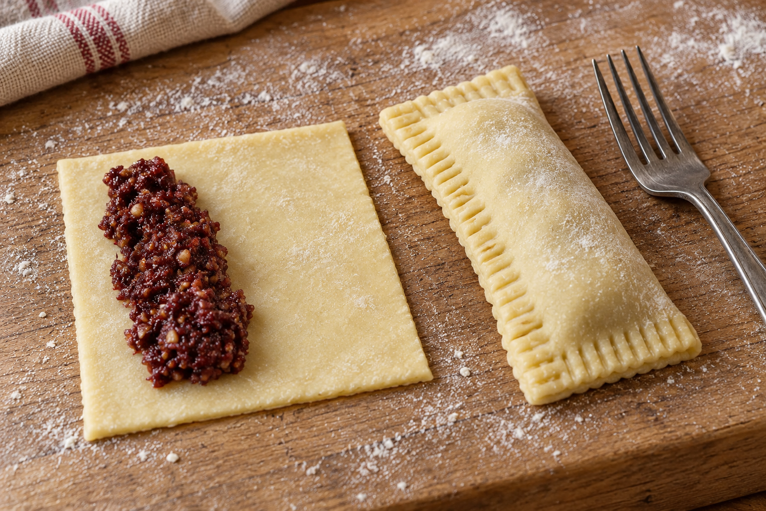 A dough square with grape filling beside a fork-sealed rectangular pastry before curving.