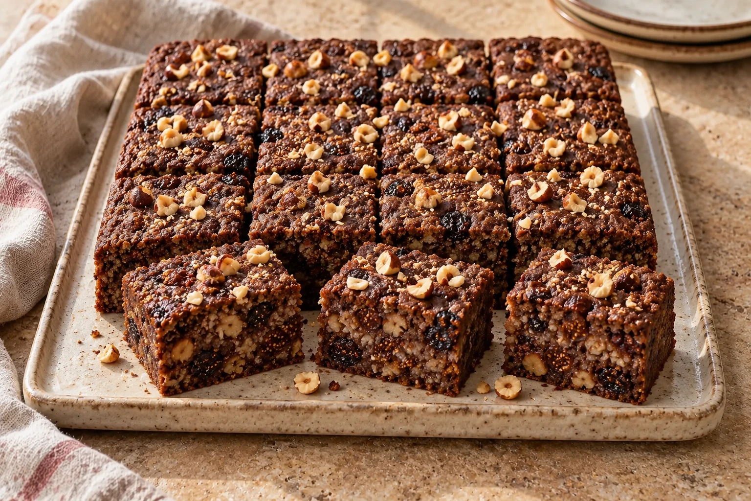 Dense bostrengo squares with dried fruit, rice and chopped hazelnuts.