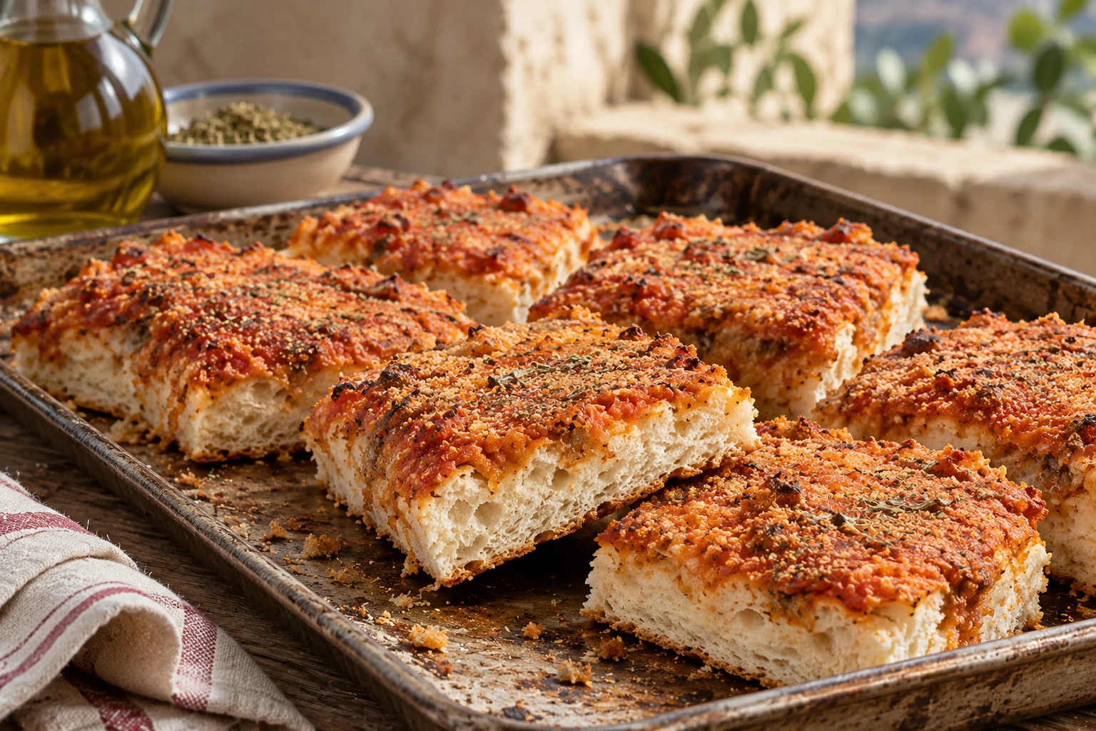 Thick squares of Palermitan sfincione with tomato, onion and bread crumbs