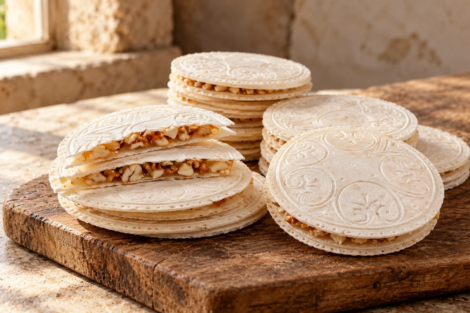 Thin round wafer sandwiches with a walnut, almond and honey filling.