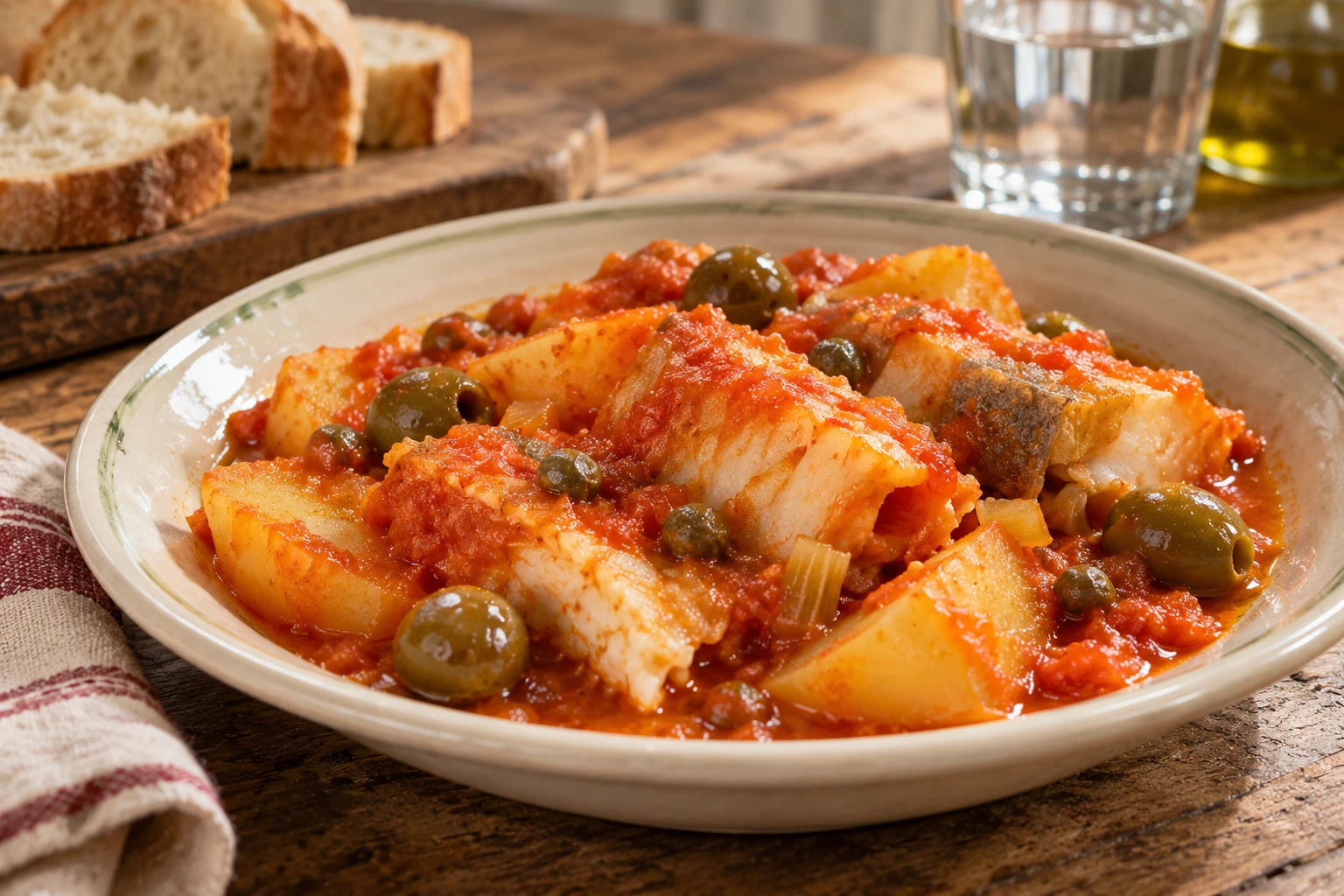 Cooked stockfish and potato wedges in tomato sauce with green olives and capers.