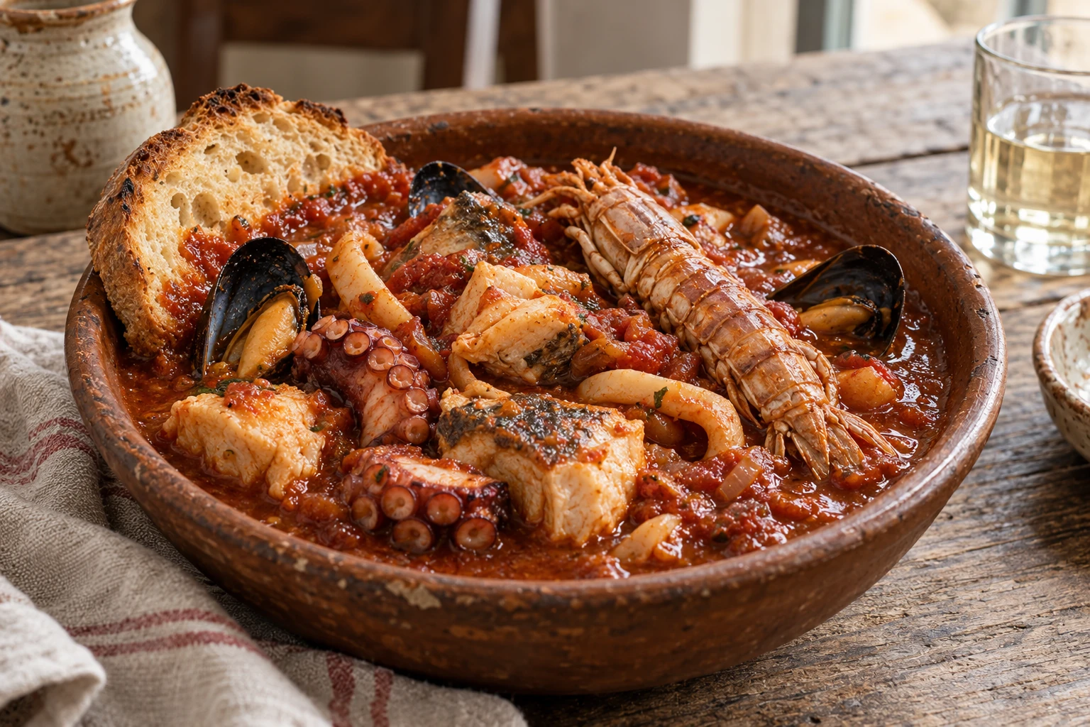 Cacciucco with fish, octopus, mussels and mantis shrimp over toasted bread.