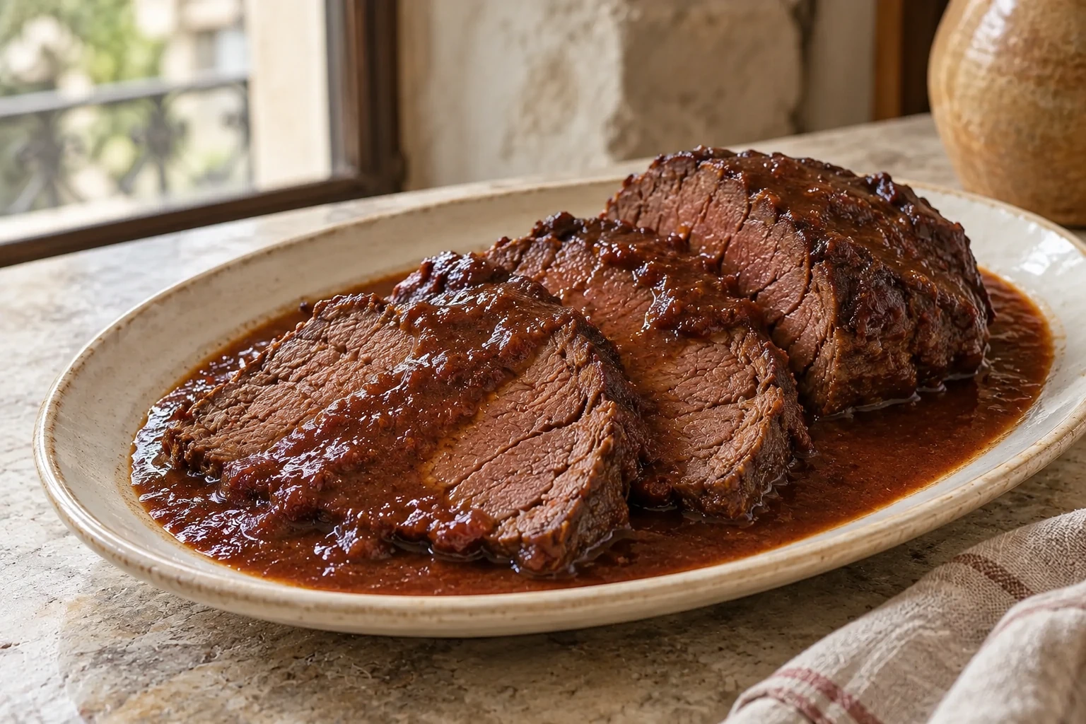 Sliced beef braised in Barolo with its thick wine sauce.