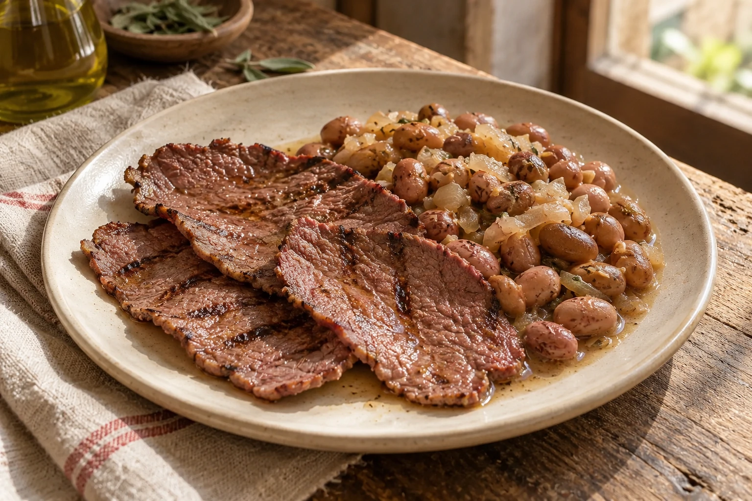 Thin griddled carne salada with borlotti beans and softened onion.