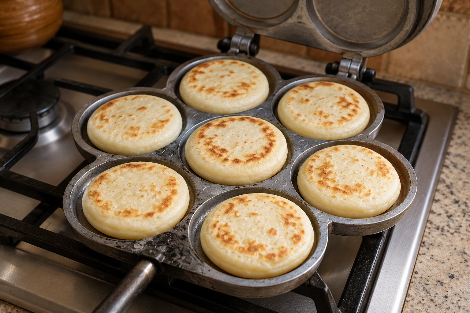 Cooked tigelle in the seven circular wells of an open hinged cooking iron.