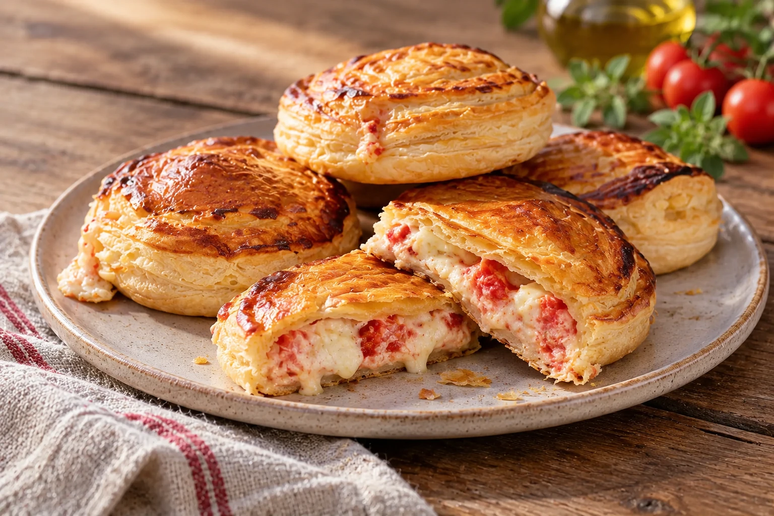 Golden round rustici leccesi, with a cut pastry showing creamy tomato filling.