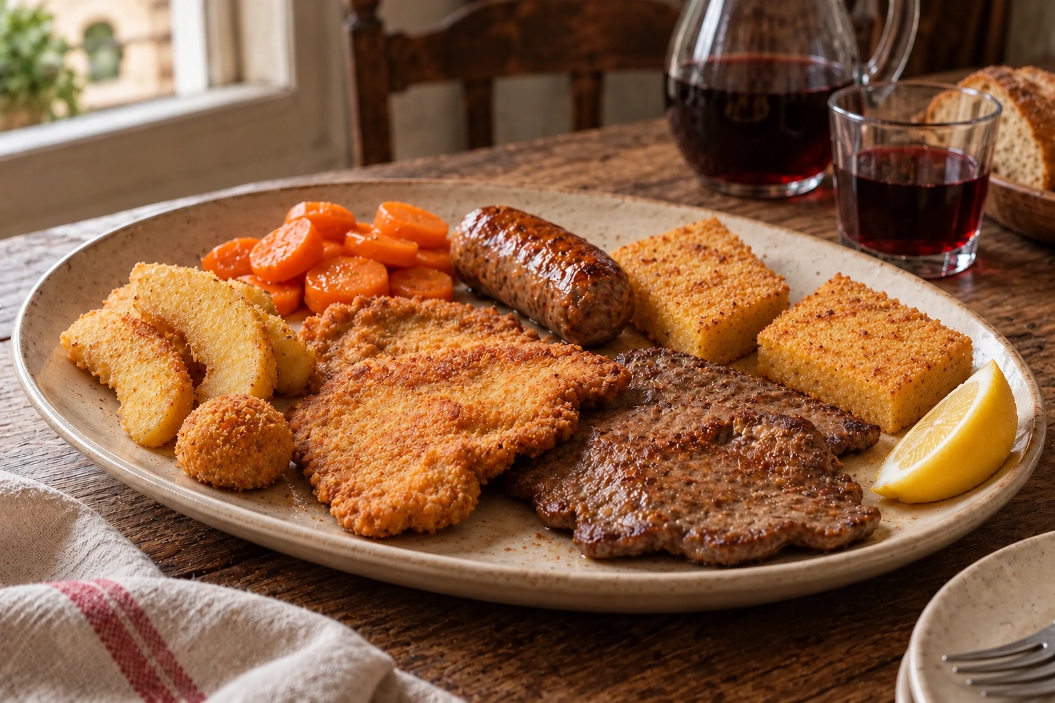 Piedmontese mixed fry with meat, liver, sausage, sweet semolina, apple and carrots.