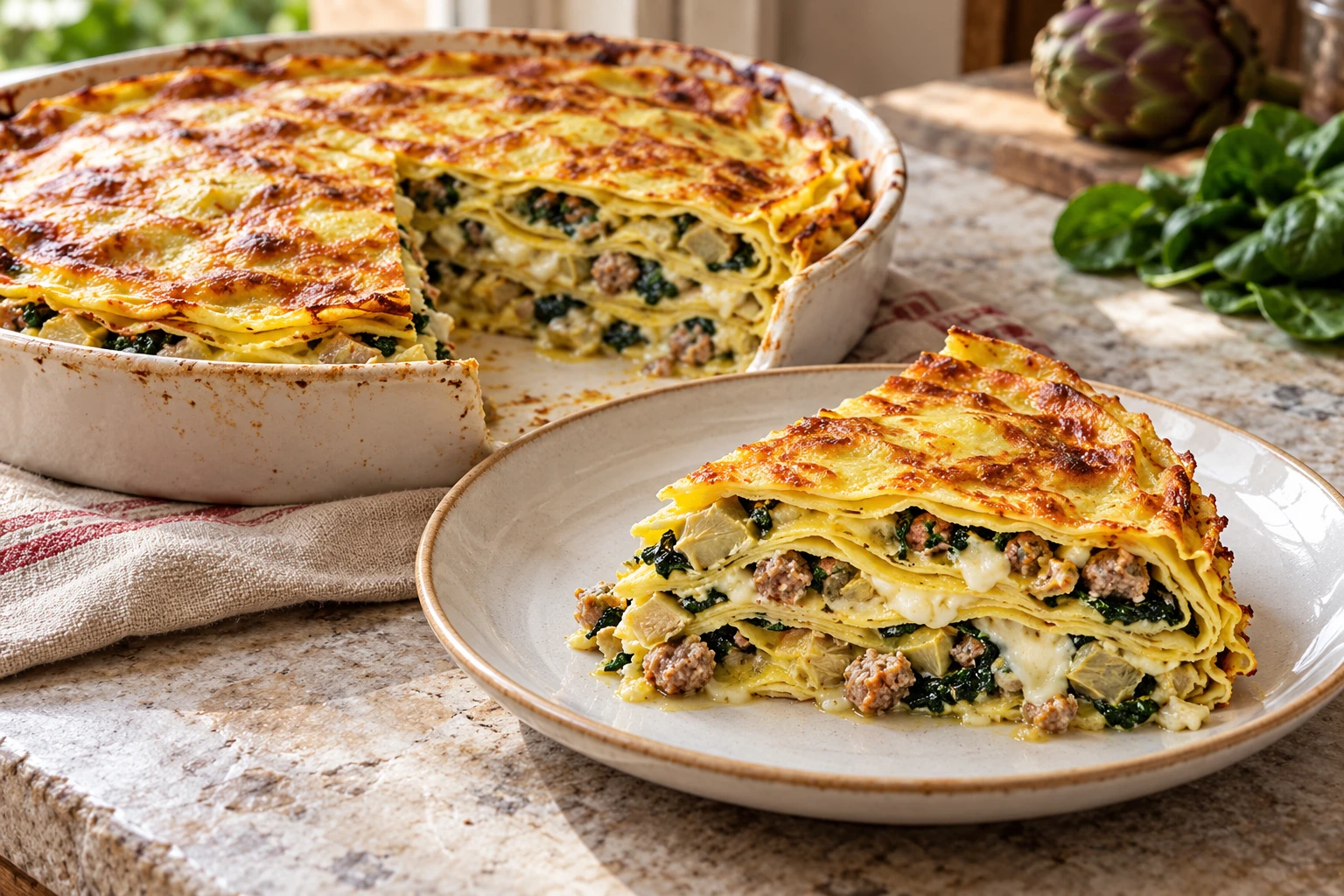 A portion of layered scrippelle with meatballs, artichokes, spinach and mozzarella.