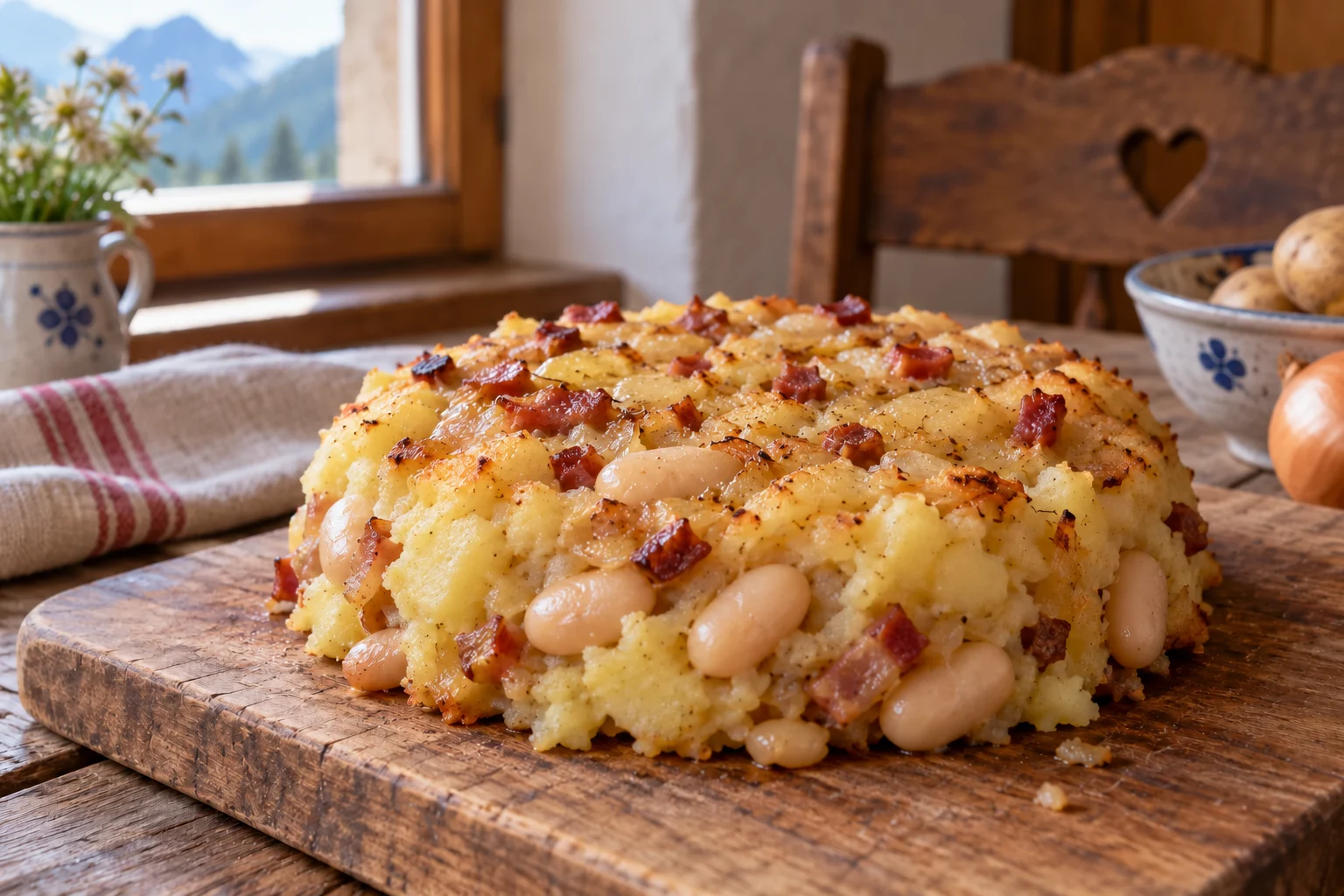 Pendolon with Lamon beans and potatoes on a wooden board