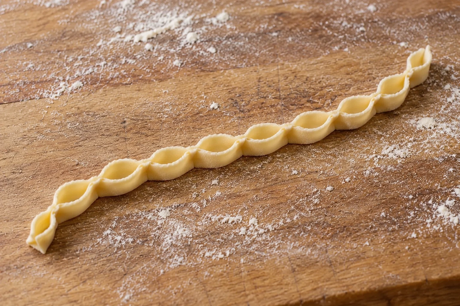A thin folded raw pastry ribbon with pinched open pockets before frying.