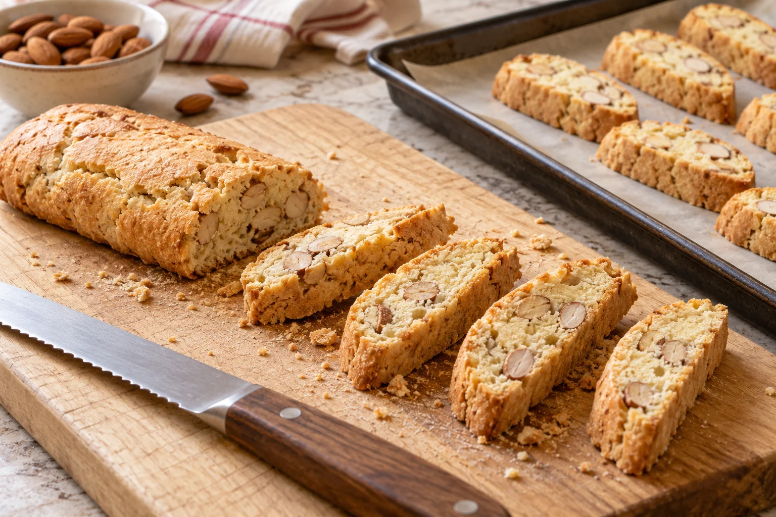 A first-baked almond cantucci log is cut diagonally into slices before the second bake.