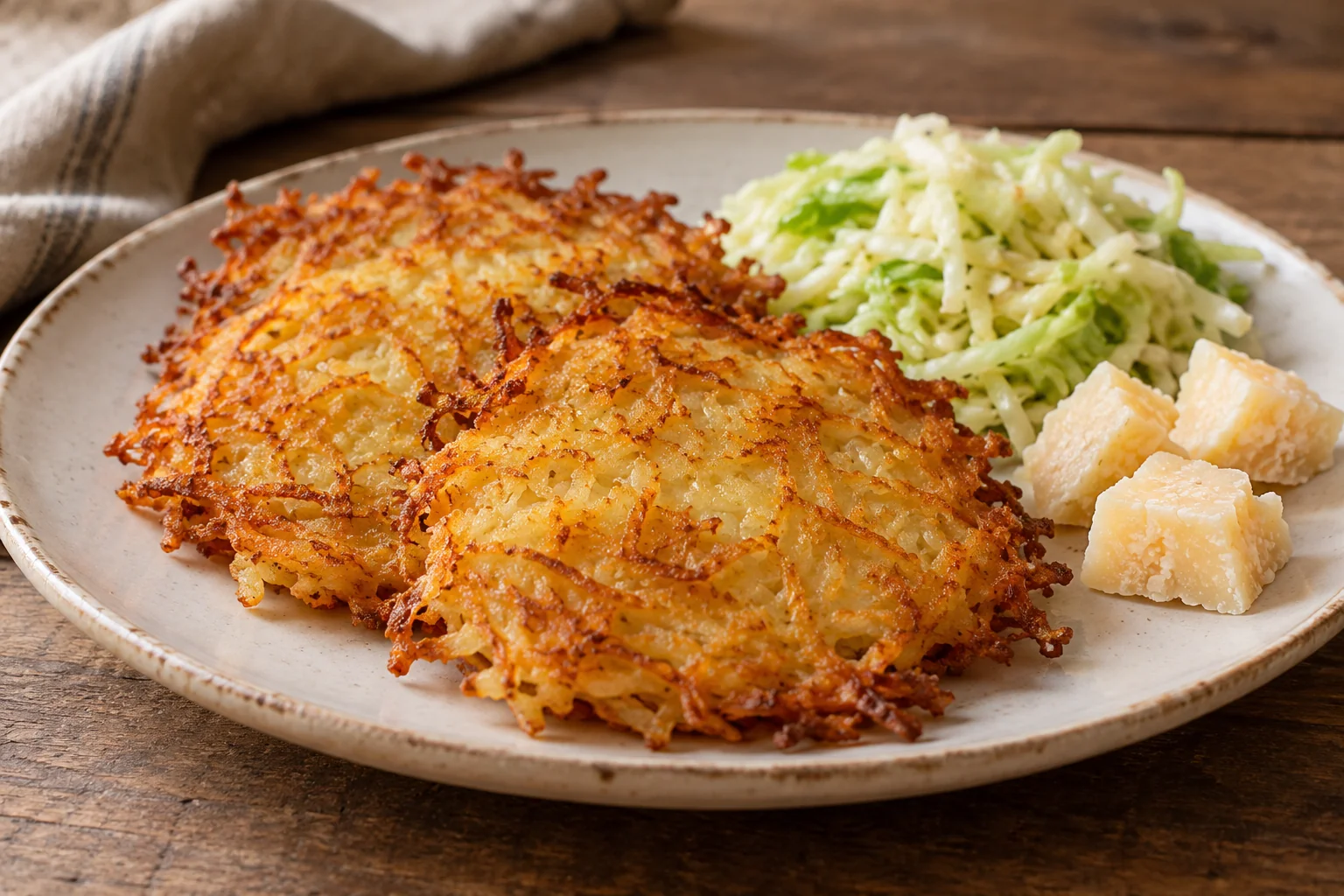 Crisp grated-potato tortel with cabbage salad and pieces of Trentingrana.