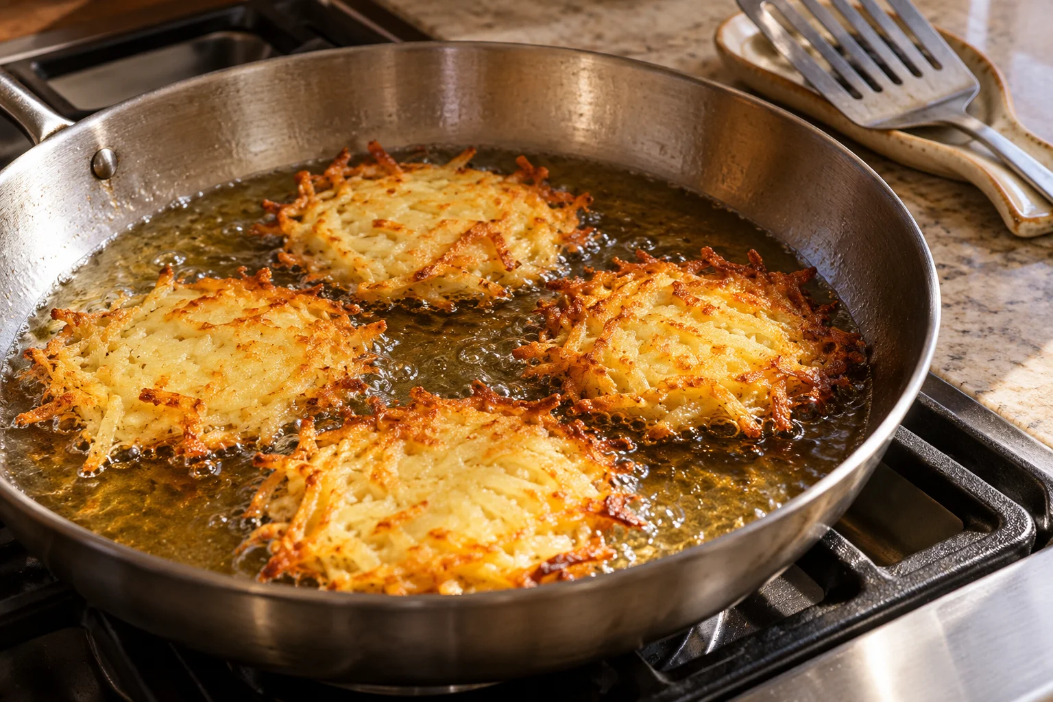 Thin grated-potato rounds frying separately in a wide skillet