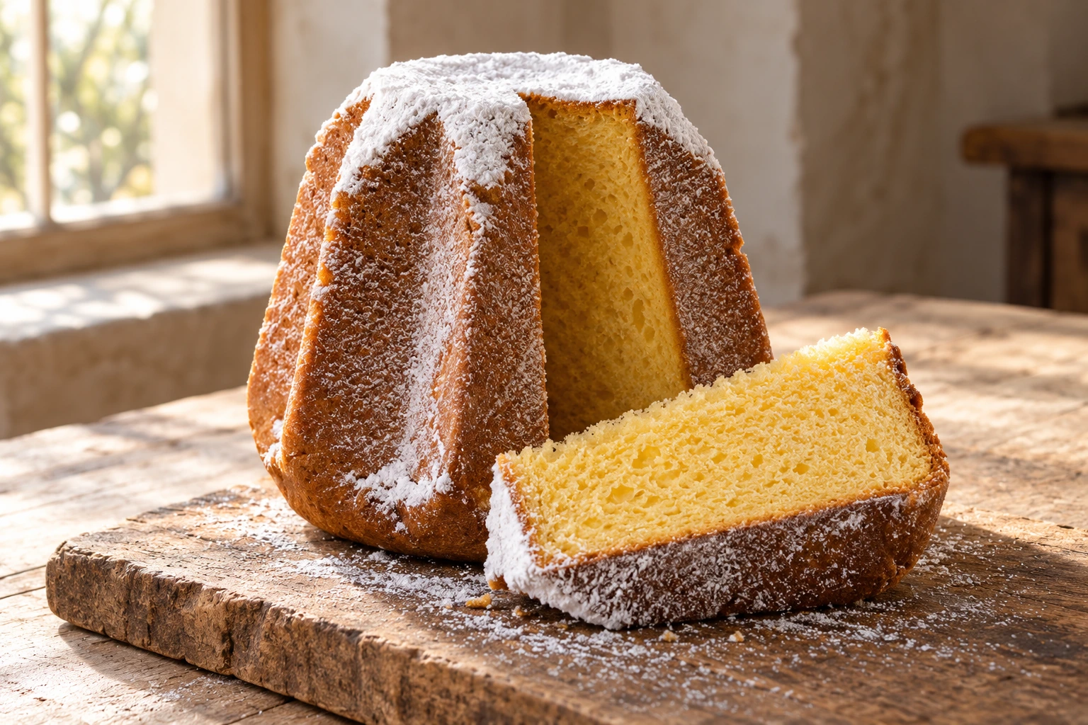 Pandoro dusted with powdered sugar, with a slice showing its yellow crumb.