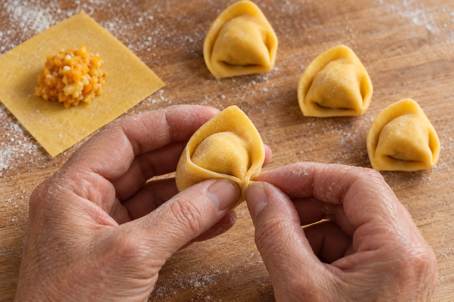 Fingertips joining the pointed corners of a filled cappellaccio on a floured board.