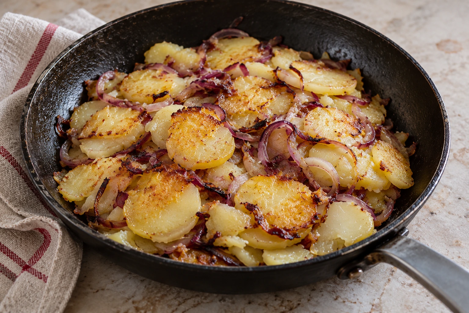 Overlapping cooked potato rounds and red onion in an uncovered skillet.